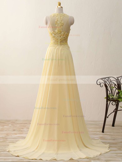 A-line Scoop Neck Chiffon Sweep Train Appliques Lace Prom Dresses #Favs020102400