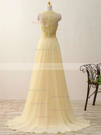 A-line Scoop Neck Chiffon Sweep Train Appliques Lace Prom Dresses #Favs020102400