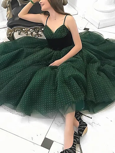 A-line V-neck Tulle Tea-length Short Prom Dresses With Sashes / Ribbons #Favs020020110460