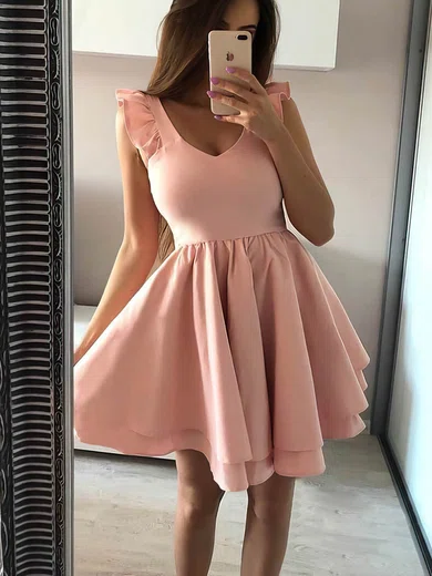 A-line V-neck Stretch Crepe Short/Mini Short Prom Dresses With Tiered #Favs020020110463