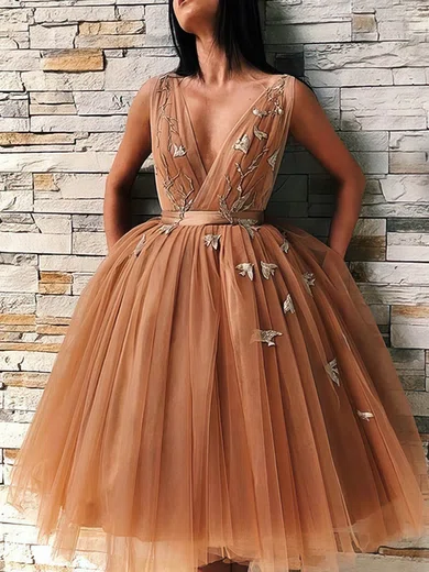 A-line V-neck Tulle Tea-length Short Prom Dresses With Appliques Lace #Favs020020110464
