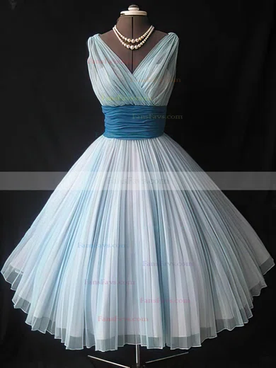 A-line V-neck Chiffon Tea-length Short Prom Dresses With Ruffles #Favs020020110468
