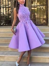 A-line High Neck Satin Tea-length Short Prom Dresses With Appliques Lace #Favs020020110470