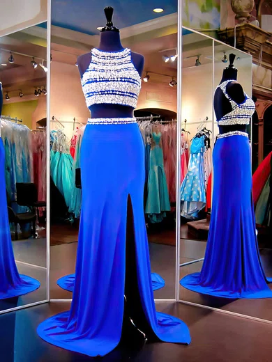 Sheath/Column Scoop Neck Jersey Sweep Train Split Front Prom Dresses #Favs020102481