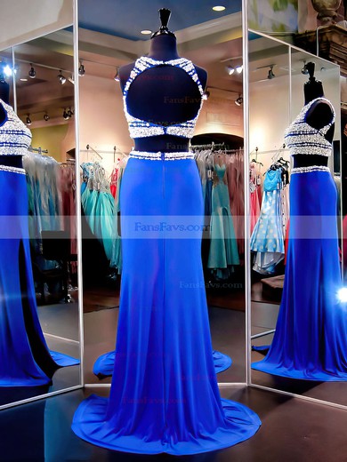 Sheath/Column Scoop Neck Jersey Sweep Train Split Front Prom Dresses #Favs020102481