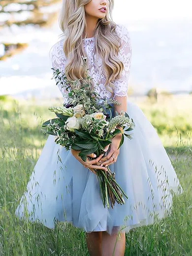 A-line Scoop Neck Lace Tulle Knee-length Short Prom Dresses With Appliques Lace #Favs020020110473