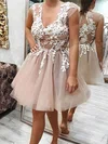 A-line V-neck Lace Tulle Knee-length Short Prom Dresses With Appliques Lace #Favs020020111236