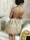 A-line V-neck Lace Tulle Short/Mini Short Prom Dresses With Appliques Lace #Favs020020110478