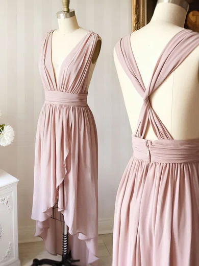 A-line V-neck Chiffon Asymmetrical Short Prom Dresses With Cascading Ruffles #Favs020020111240