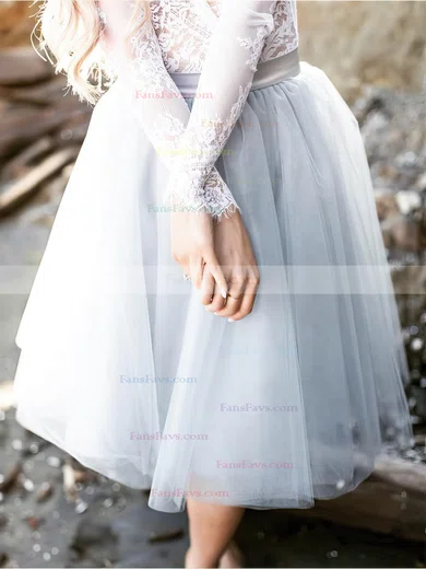 A-line V-neck Lace Tulle Tea-length Short Prom Dresses With Appliques Lace #Favs020020110479