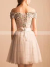 A-line Off-the-shoulder Lace Tulle Short/Mini Short Prom Dresses With Beading #Favs020020110480
