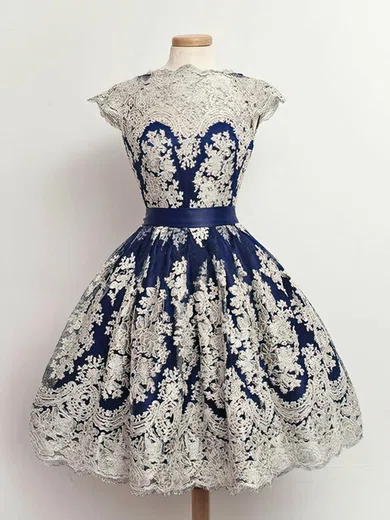 A-line Scoop Neck Lace Tulle Knee-length Short Prom Dresses #Favs020020110482