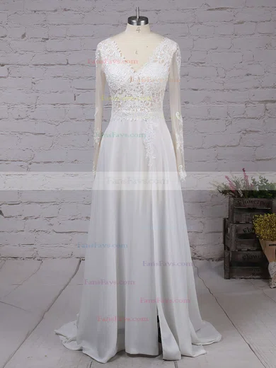 A-line V-neck Chiffon Sweep Train Split Front Prom Dresses #Favs020102865