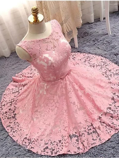 A-line Scoop Neck Lace Knee-length Short Prom Dresses #Favs020020110483