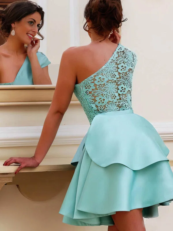 A-line One Shoulder Satin Short/Mini Short Prom Dresses With Appliques Lace #Favs020020110487