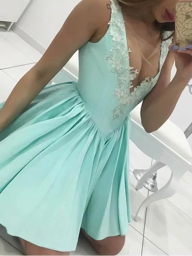 A-line V-neck Silk-like Satin Short/Mini Short Prom Dresses With Appliques Lace #Favs020020110491