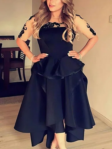 A-line Scoop Neck Satin Asymmetrical Short Prom Dresses With Appliques Lace #Favs020020110493