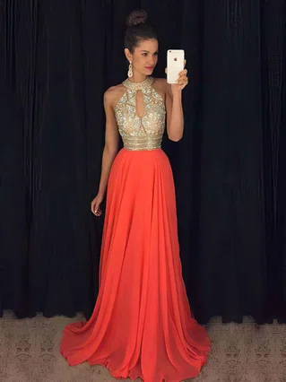 A-line High Neck Chiffon Sweep Train Beading Prom Dresses #Favs020103750 A-line High Neck Chiffon Sweep Train Beading Prom Dresses #Favs020103750