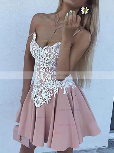 A-line V-neck Stretch Crepe Short/Mini Short Prom Dresses With Appliques Lace #Favs020020110499