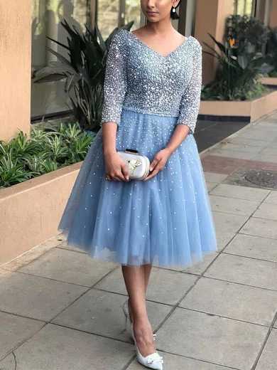 A-line V-neck Tulle Knee-length Short Prom Dresses With Sequins #Favs020020111264