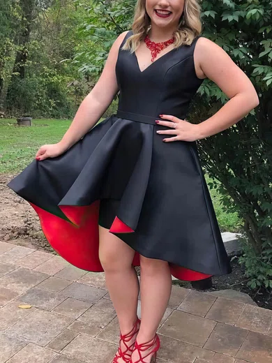 A-line V-neck Satin Asymmetrical Short Prom Dresses With Sashes / Ribbons #Favs020020111265