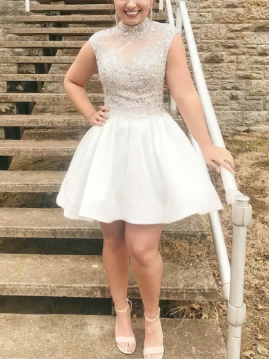 A-line High Neck Satin Short/Mini Short Prom Dresses With Beading #Favs020020111267