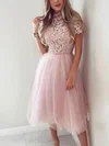 A-line High Neck Lace Tulle Tea-length Short Prom Dresses With Appliques Lace #Favs020020110504