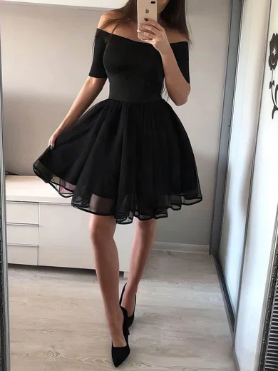 A-line Off-the-shoulder Tulle Short/Mini Short Prom Dresses #Favs020020111271