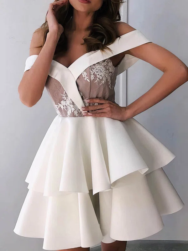 A-line Off-the-shoulder Stretch Crepe Short/Mini Short Prom Dresses With Appliques Lace #Favs020020110512