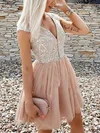 A-line V-neck Lace Tulle Short/Mini Short Prom Dresses With Appliques Lace #Favs020020110514