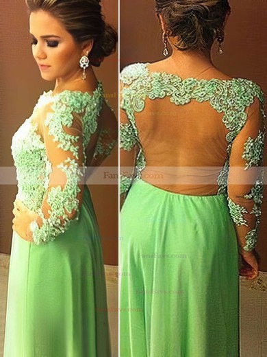 A-line Scoop Neck Chiffon Tulle Floor-length Appliques Lace Prom Dresses #Favs020104448