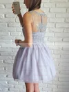 A-line V-neck Lace Tulle Short/Mini Short Prom Dresses With Appliques Lace #Favs020020110530