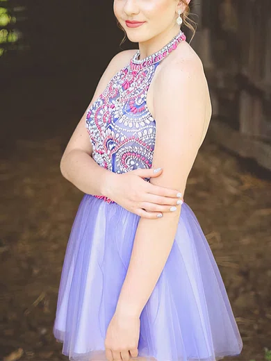 A-line Halter Tulle Short/Mini Short Prom Dresses With Beading #Favs020020110531