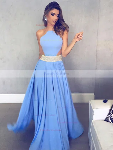 A-line Scoop Neck Chiffon Floor-length Beading Prom Dresses #Favs020105162
