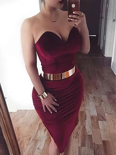 Sheath/Column Sweetheart Velvet Tea-length Short Prom Dresses With Sashes / Ribbons #Favs020020110541