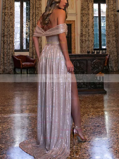 A-line Off-the-shoulder Sequined Sweep Train Prom Dresses With Split Front #Favs020115638