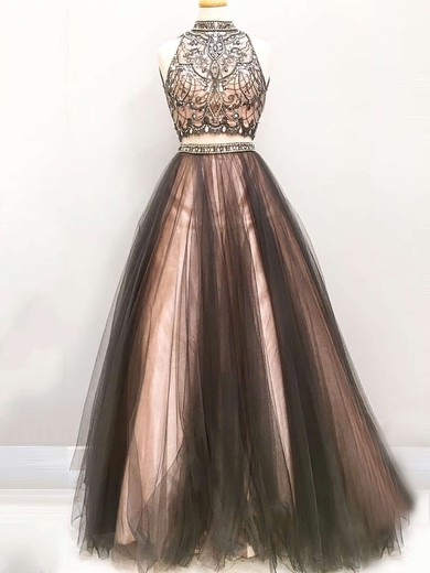 Princess High Neck Tulle Floor-length Beading Prom Dresses #Favs020103331