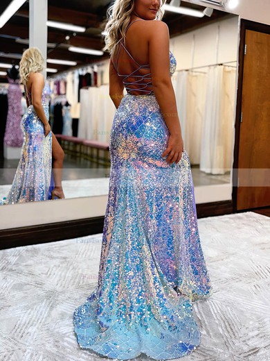 Sheath/Column V-neck Sequined Sweep Train Prom Dresses With Split Front #Favs020115653