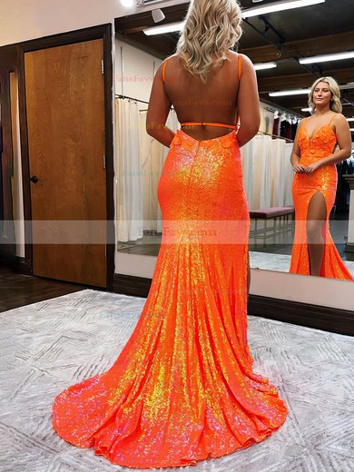 Sheath/Column V-neck Sequined Sweep Train Prom Dresses With Appliques Lace #Favs020115654