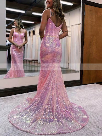 Trumpet/Mermaid V-neck Sequined Sweep Train Prom Dresses #Favs020115657