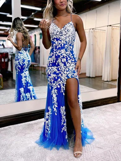 Sheath/Column V-neck Tulle Sweep Train Prom Dresses With Appliques Lace #Favs020115658