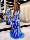 Sheath/Column V-neck Tulle Sweep Train Prom Dresses With Appliques Lace #Favs020115658