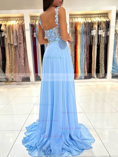 A-line Sweetheart Chiffon Sweep Train Prom Dresses With Appliques Lace #Favs020115660