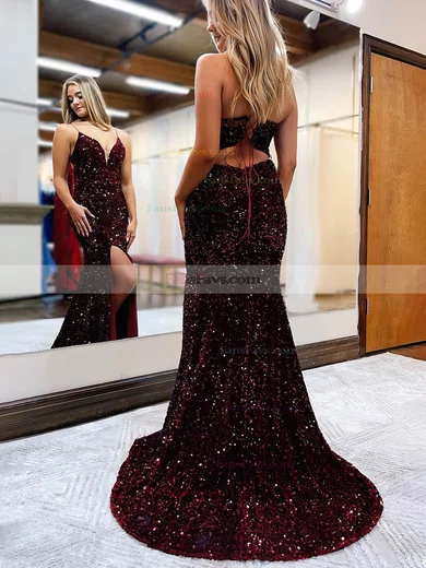 Sheath/Column V-neck Sequined Sweep Train Prom Dresses With Split Front #Favs020115663