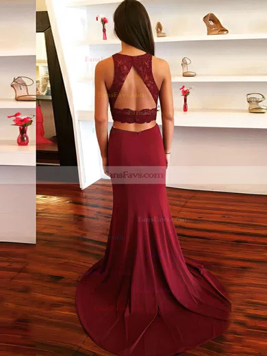 Sheath/Column Scoop Neck Jersey Sweep Train Appliques Lace Prom Dresses #Favs020105364