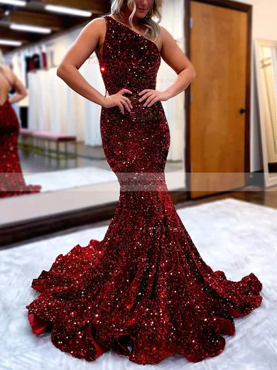 Trumpet/Mermaid One Shoulder Sequined Sweep Train Prom Dresses #Favs020115664