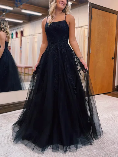 A-line Square Neckline Tulle Floor-length Prom Dresses With Appliques Lace #Favs020115665