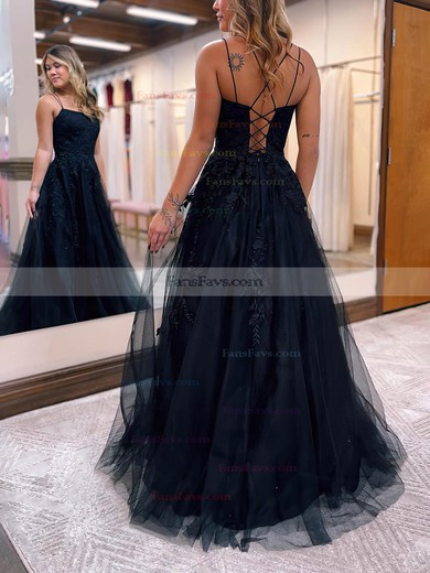 A-line Square Neckline Tulle Floor-length Prom Dresses With Appliques Lace #Favs020115665