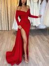 Sheath/Column Off-the-shoulder Stretch Crepe Sweep Train Prom Dresses With Split Front #Favs020115675