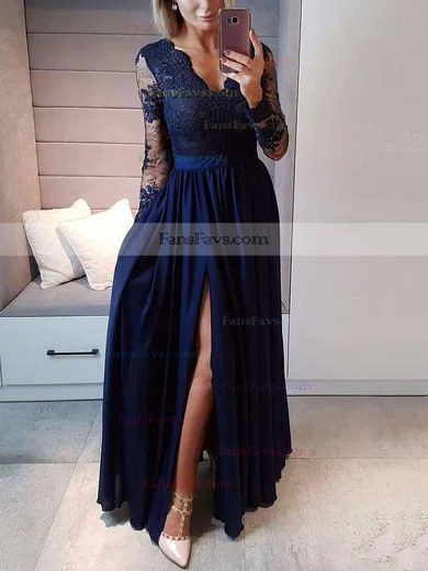 A-line V-neck Chiffon Floor-length Appliques Lace Prom Dresses #Favs020105623